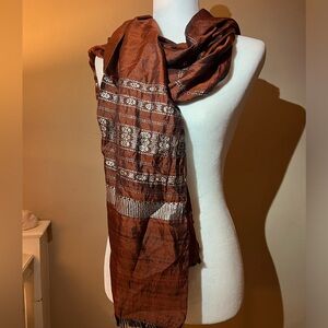 Silk pashmina scarf copper with silver embroidery 76" long